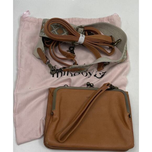 MINOOY TAN LEATHER KISS LOCK CROSSBODY SHOULDER BAG - Picture 1 of 7